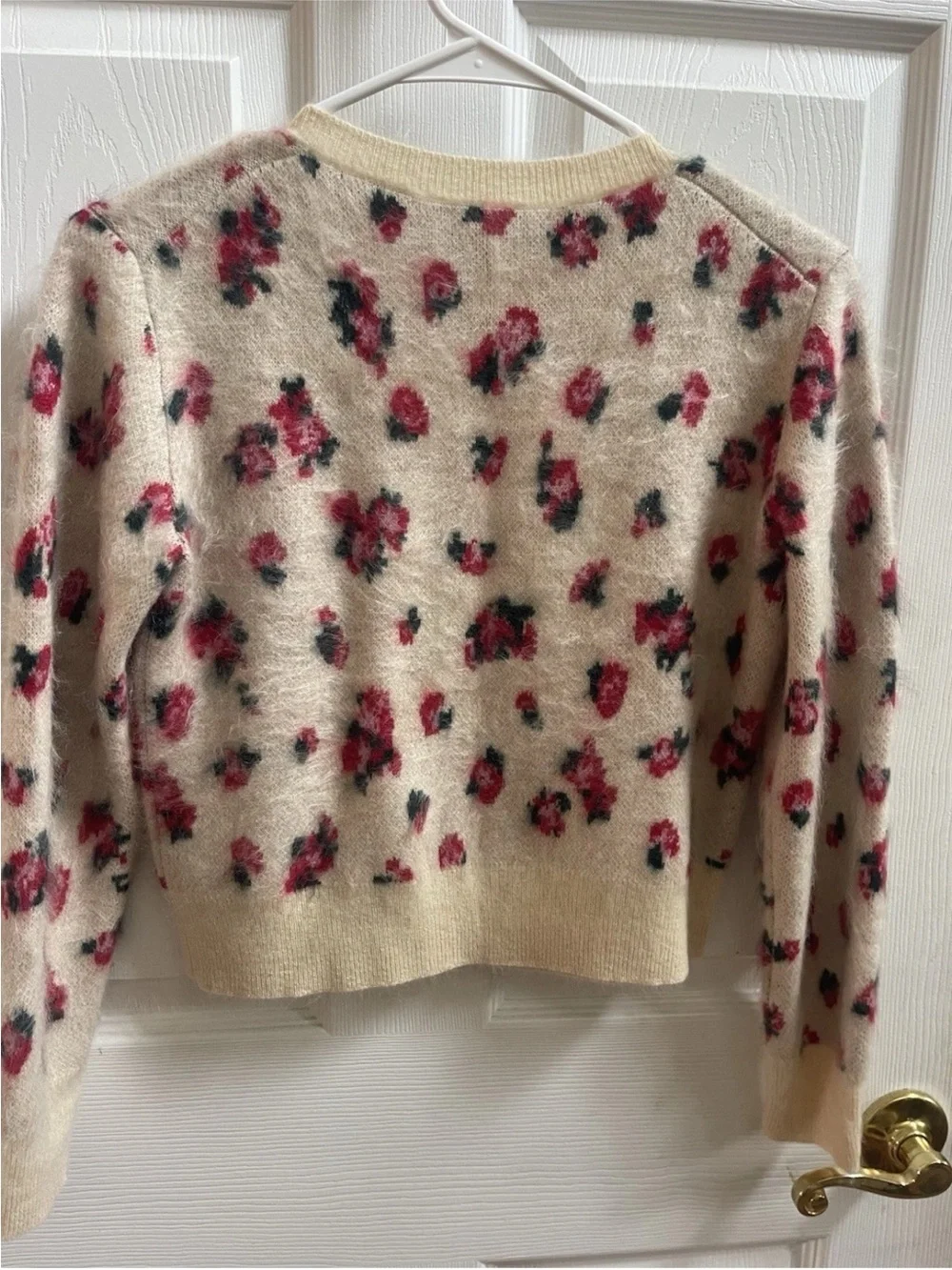 J. Crew Cream Floral Cropped Button-Up Cardigan with Pink Rose Print.